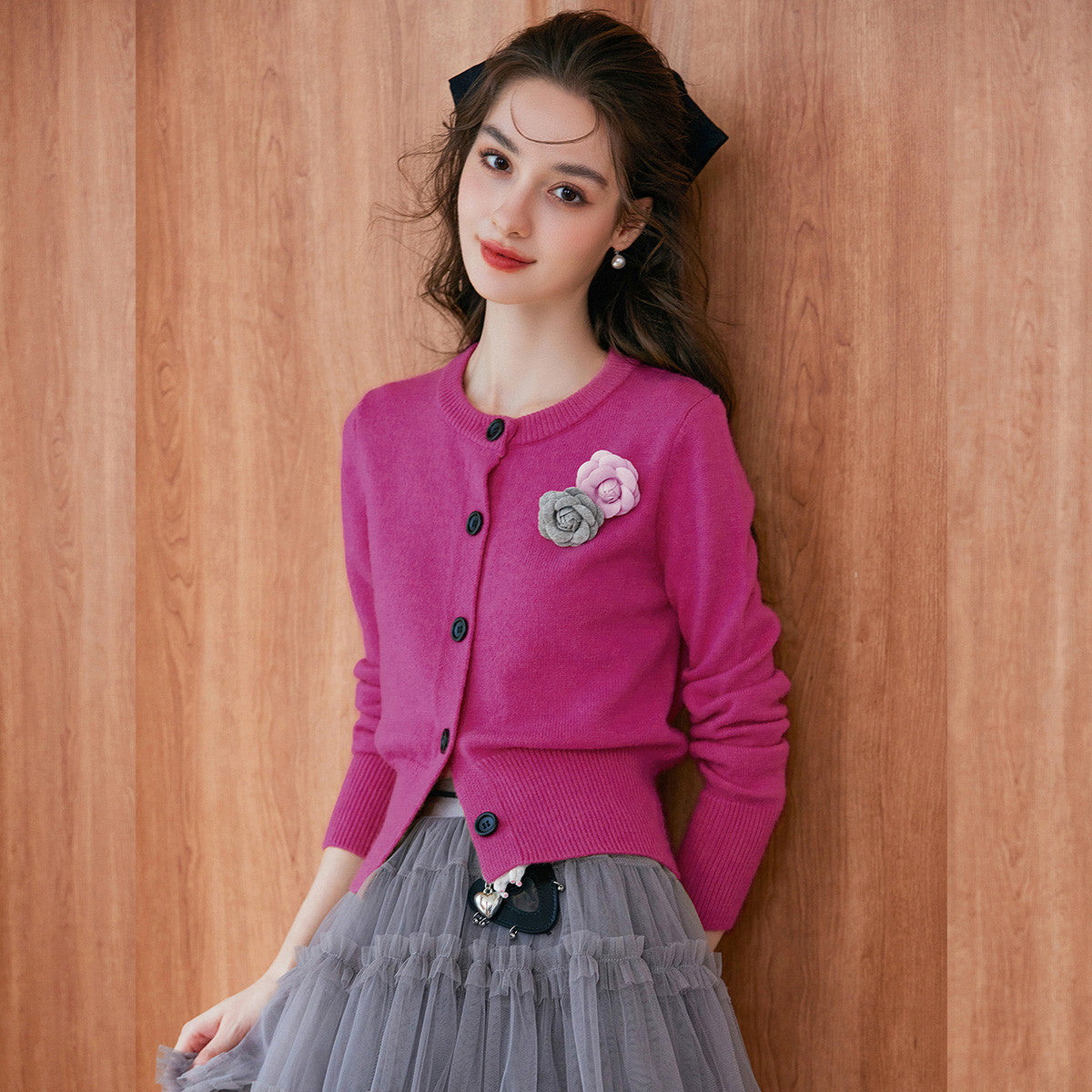 Fashion Detachable Flower Knitted Cardigan 2025 Autumn Knitwear Micro Elastic Round Neck Women's Knitted Sweater