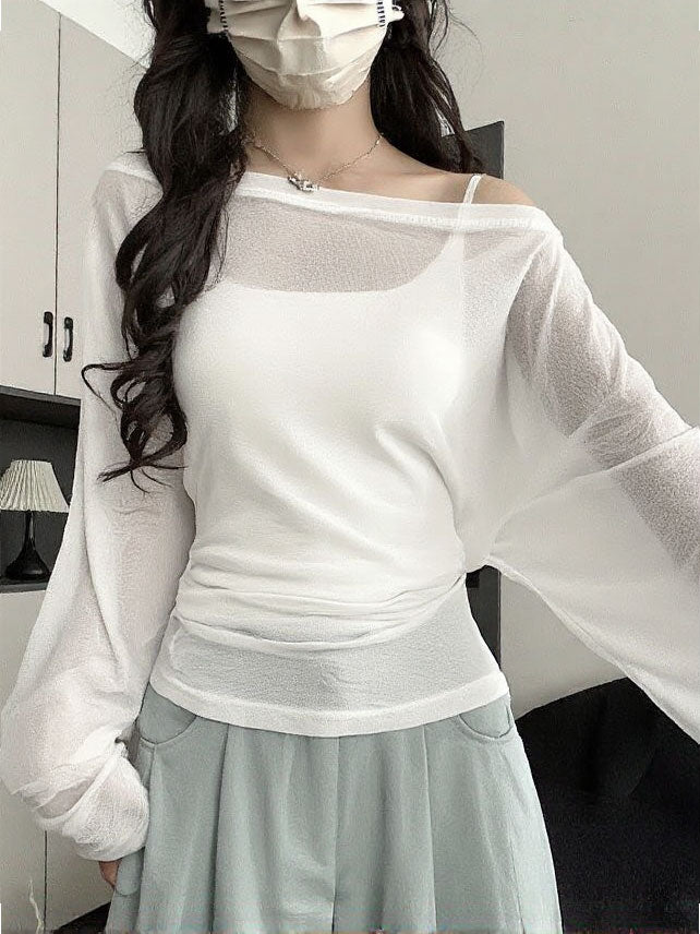 See Through Long sleeve Oversize T shirt Women Sexy Back Bandage Off shoulder Top Female Basic Long Tees Korean Chic Lady New