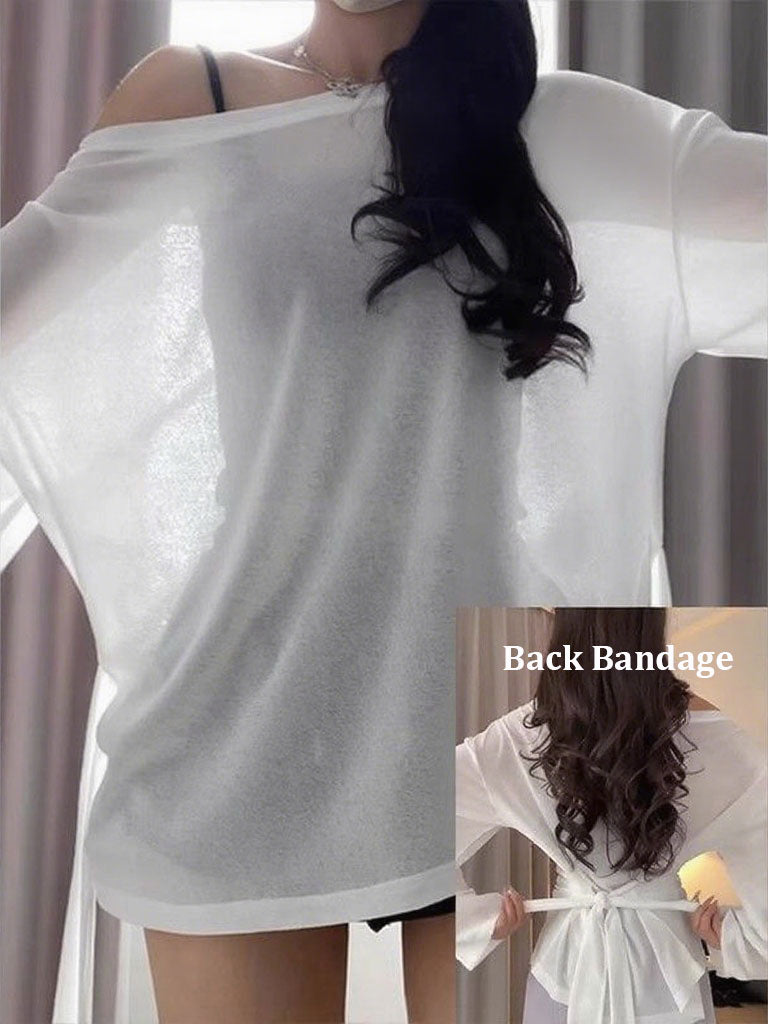 See Through Long sleeve Oversize T shirt Women Sexy Back Bandage Off shoulder Top Female Basic Long Tees Korean Chic Lady New