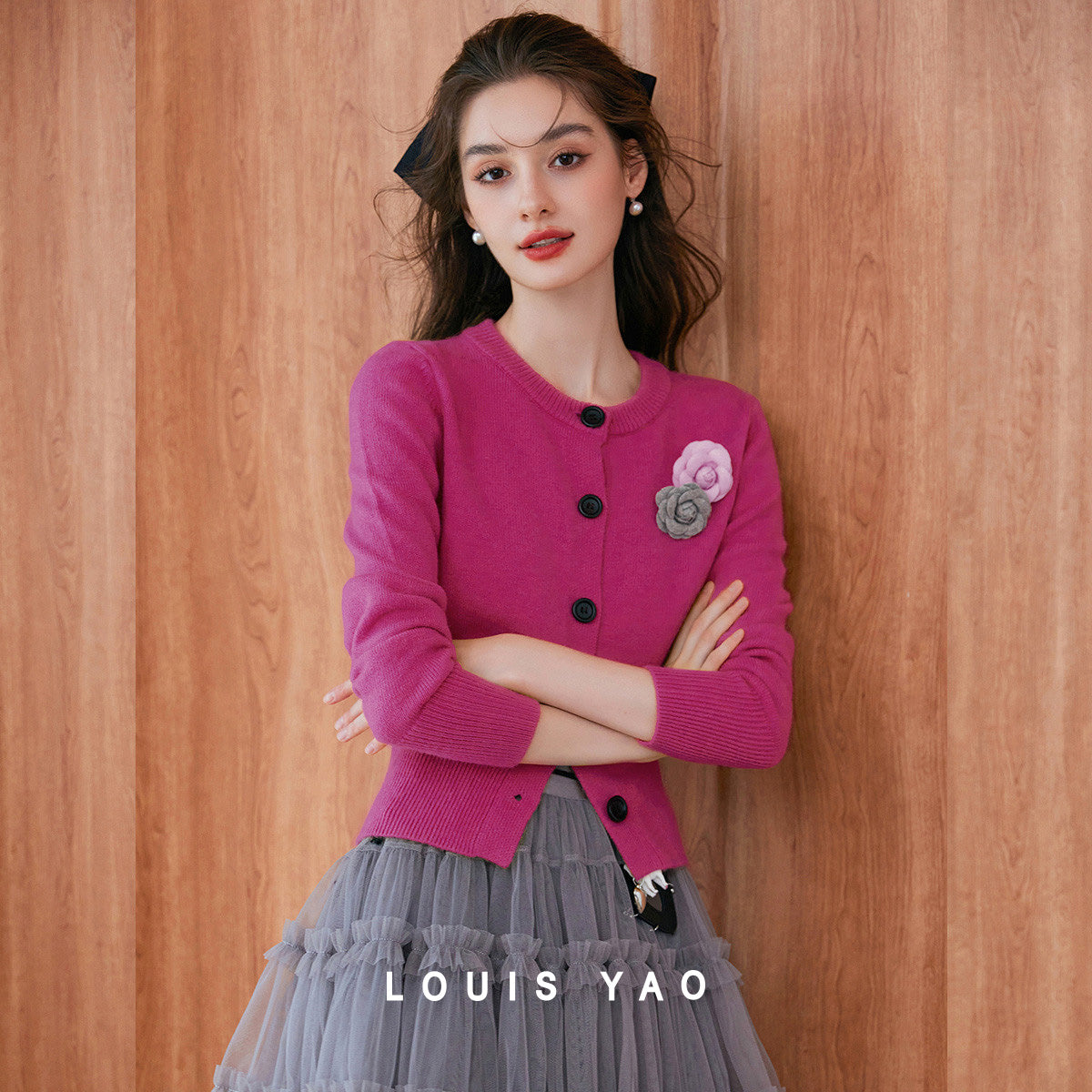 Fashion Detachable Flower Knitted Cardigan 2025 Autumn Knitwear Micro Elastic Round Neck Women's Knitted Sweater