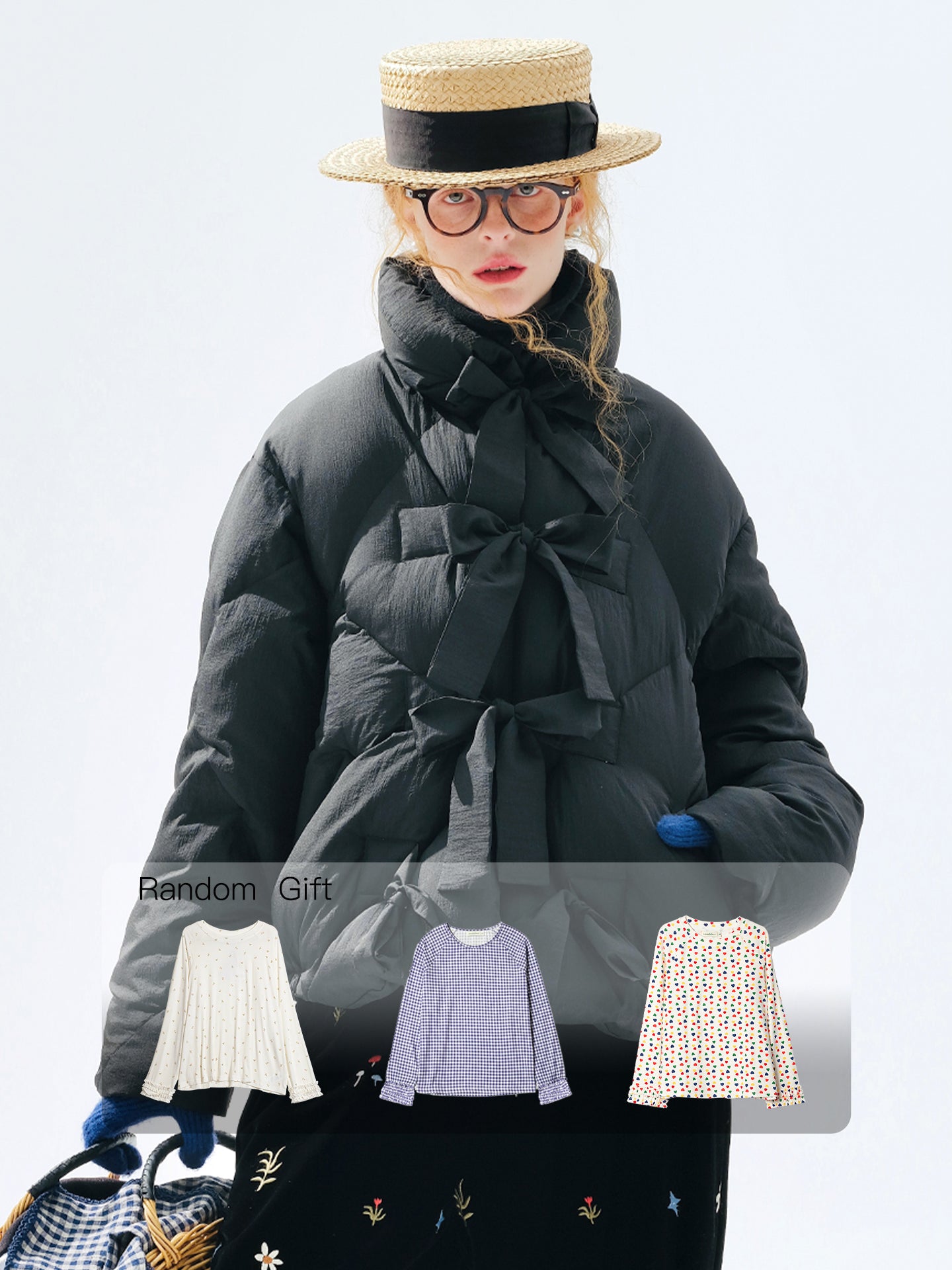 Bow-Accent Down Jacket imakokoni 2025 Winter Sweet Style Thickened Warm Black Short Women's Outerwear