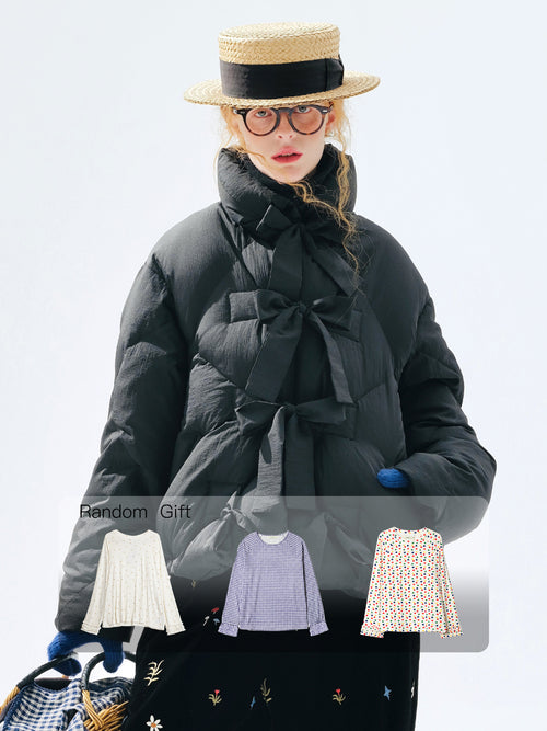 Bow-Accent Down Jacket imakokoni 2025 Winter Sweet Style Thickened Warm Black Short Women's Outerwear