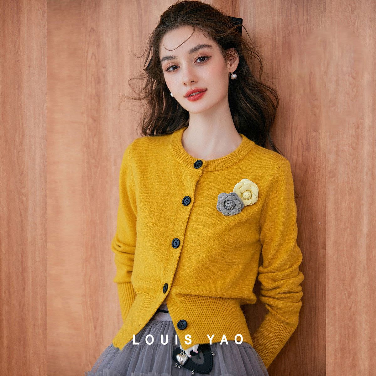 Fashion Detachable Flower Knitted Cardigan 2025 Autumn Knitwear Micro Elastic Round Neck Women's Knitted Sweater