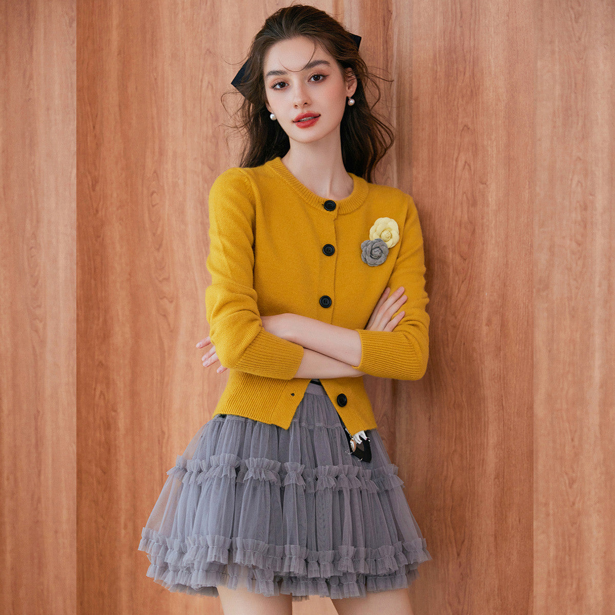 Fashion Detachable Flower Knitted Cardigan 2025 Autumn Knitwear Micro Elastic Round Neck Women's Knitted Sweater